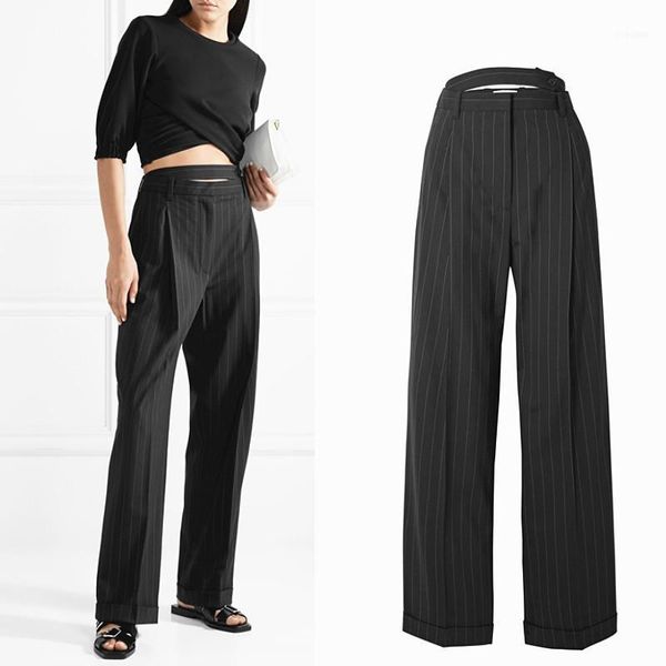 

runway fashion brand women's super longer striped pleated pants package hip straight pant female high-rise f9451, Black;white