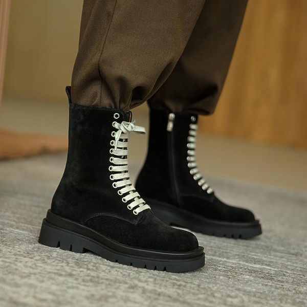 

boots women's 2021 winter women england high street vintage cowhide soft motorcycle shoes woman flat with, Black