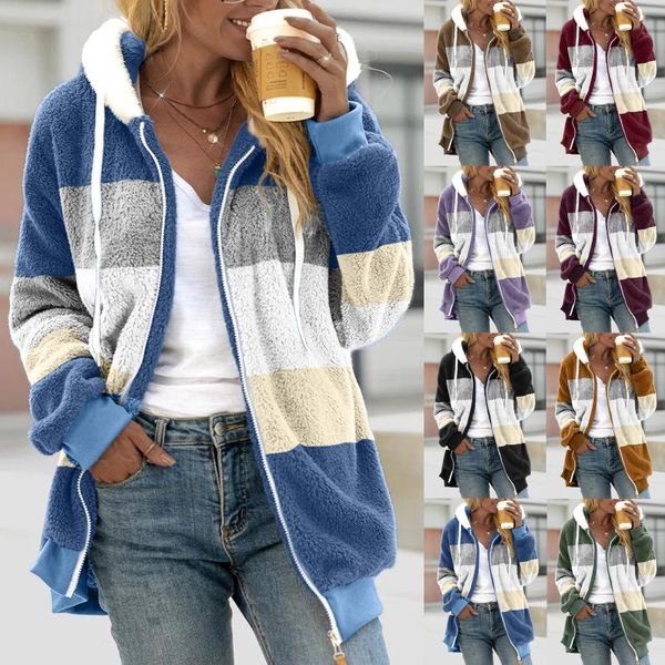 

women's jackets vintage plush sweatshirts autumn stitching color pocket hooded pullover warm artificial wool pockets coat zipper outwea, Black;brown