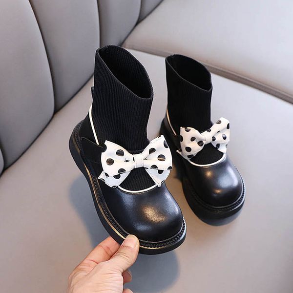 

girls boots kids shoes childrens footwear autumn winter girl casual short boot dots bow princess knitted sock shoe b8162, Black;grey