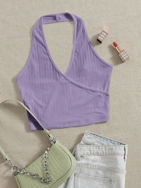 

open back rib-knit halter p59c#, White