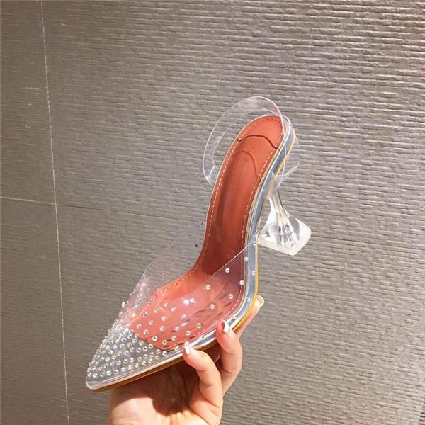 

2021 summer women clear high heels sandals crystal slingback sandals luxury designer rhinestone transparent wedding shoe, Black