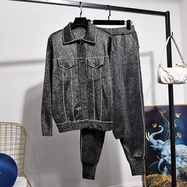 

2021 autumn bright silk knitted set women long sleeve sweater pencil pants women two piece outfits casual loose knitwear suit, White