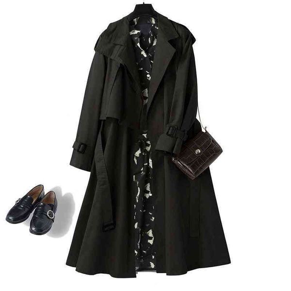 

women's trench coats 2021 spring and autumn style fashion windbreaker women's middle long suit collar lace up waist show thin litt, Tan;black