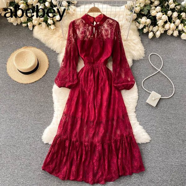

casual dresses women elegant french dress sleeve o neck lace a-line 2021 autumn fashion streetwear long, Black;gray