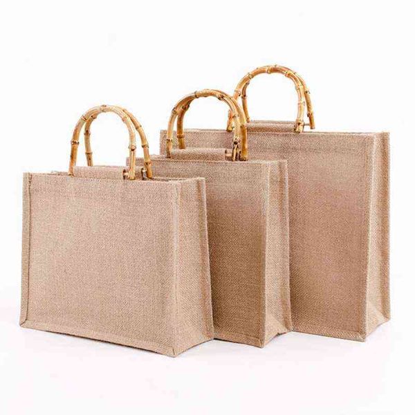 NXY Einkaufstaschen, tragbare Sackleinen-Jute-Tasche, Handtasche, Bambus-Schlaufengriffe, wiederverwendbare Einkaufstasche, Lebensmittelgeschäft für Frauen und Mädchen, 220128