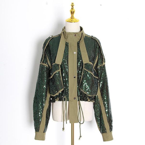 

women's jackets liscn patchwork sequin for women turtleneck long sleeve drawstring coats female autumn fashion clothes 2021 trend, Black;brown