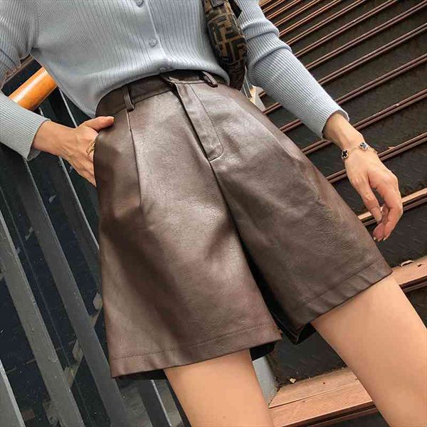 

Winter Spring Womens Leather Half Leather Shorts Kahiq Shorts Pu Elastic High Waisted Wide Leg Loose Short Pants, White;black