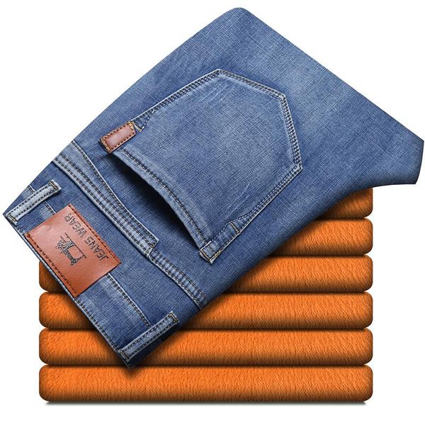 

men's jeans 2021 men classic winter black color slim fit stretch thick velvet pants warm casual fleece trousers male, Blue