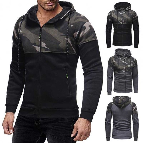 

men casual slim long sleeve camouflage zipper pocket hooded hoodie sweatshirt, Black