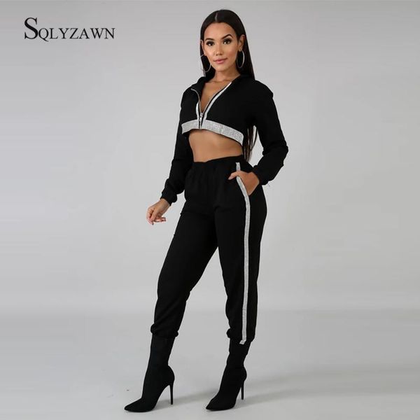 

two piece dress women tracksuits 2 set zip crop side stripe pants fashion female hooded short jacket coat trousers color matching, White
