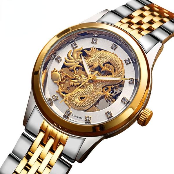 

wristwatches gold mechanical sport design bezel golden watch mens watches montre homme clock men automatic skeleton, Slivery;brown