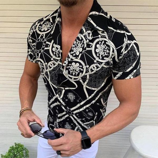

men's casual shirts turn-down collar button shirt men vintage pattern print slim streetwear 2021 summer short sleeve fashion, White;black