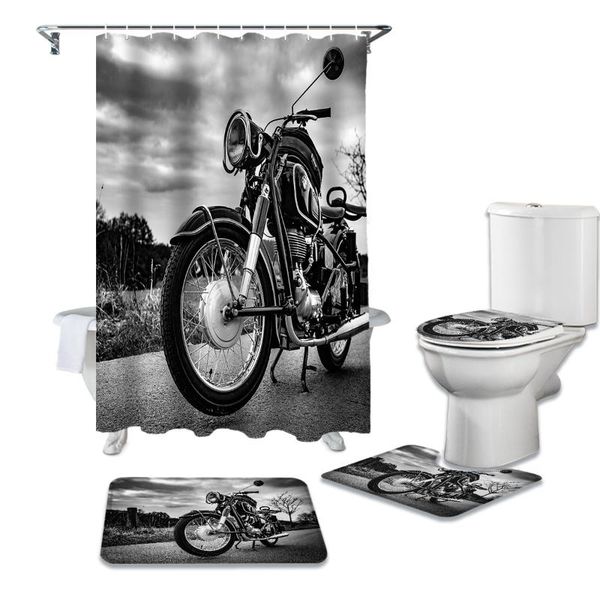 

motorcycle on the road bathroom non-slip mat set durable waterproof shower curtain set rug lid toilet cover bath mat rugs