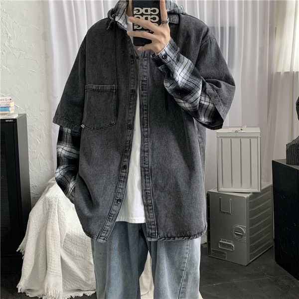 

2021 new plaid men's fashion casual retro hooded denim jackets mens streetwear hip-hop bomber jacket men m-2xl z3a4, Black;brown