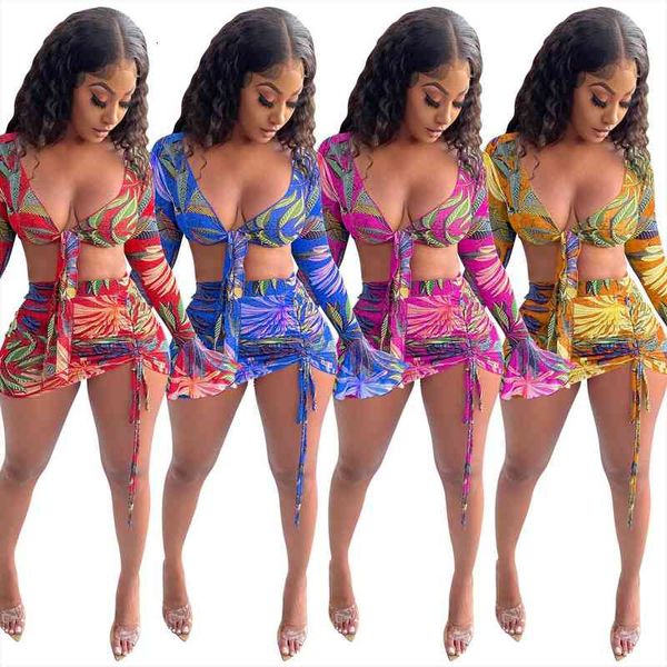 

crop two piece set leaf digital print mini skirt set women long sleeve lace deep v neck pleated, Gray