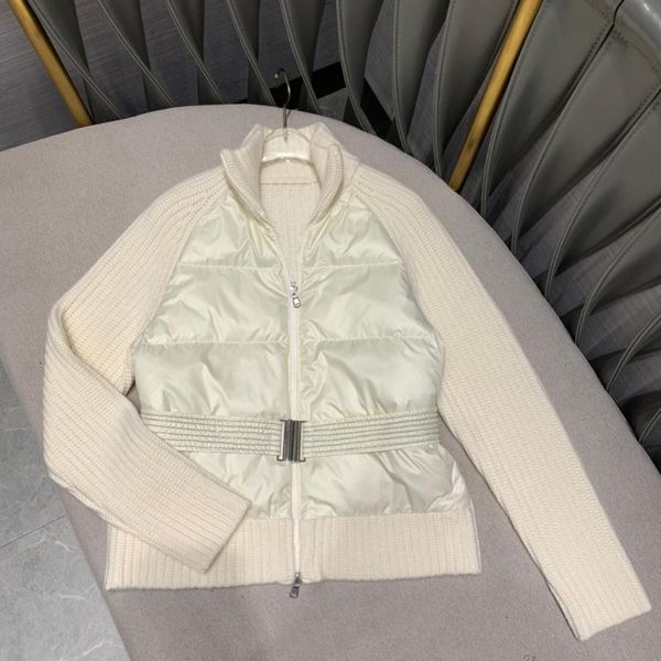 

2021 new ladies fashion long sleeve stand collar belt cashmere stitching down jacket 1214, Black