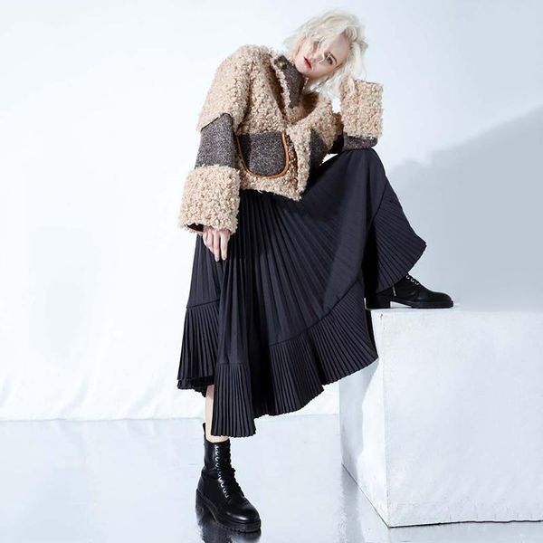 

waist high elastic black irregular pleated long loose half-body skirt women fashion tide new spring autumn 2021 1dd2369