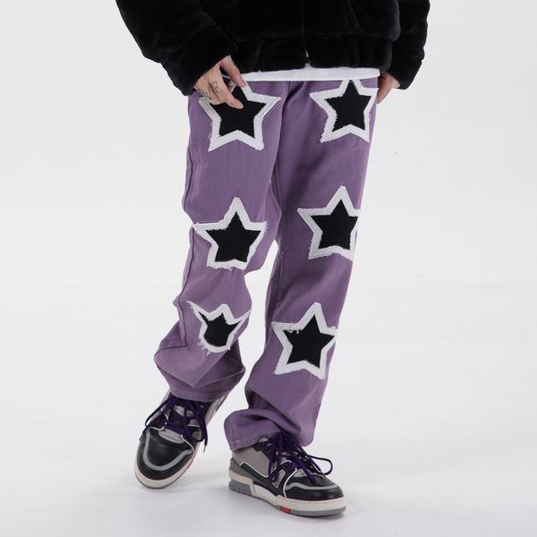 

2021 mens stars patchwork new fashion high street zipper straight trousers casual hip hop loose streetwear joggers pants pzql, Blue