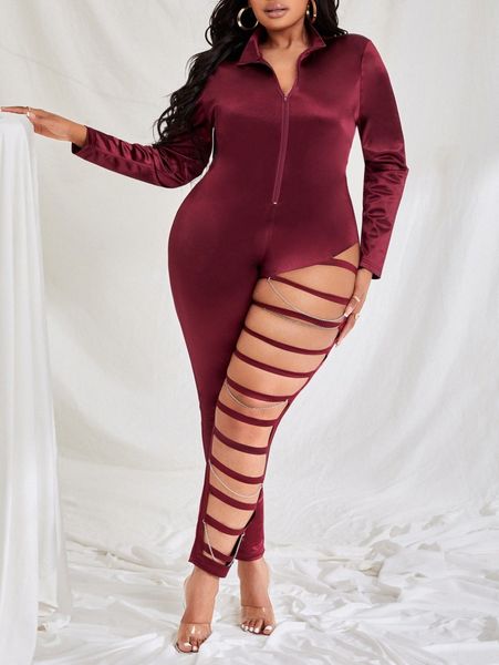 

sxy plus chain detail cut out front jumpsuit v6in#, Black