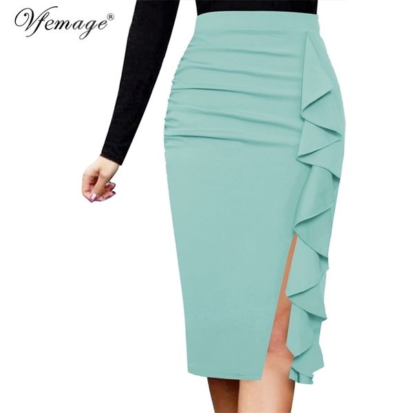 VFemage Mulheres Elegante Ruched Ruffles Cintura Alta Laço Sólido Zíper Slit Slim Trabalho de Trabalho de Negócios Festa de Negócios Bodycon Skirt 1007 210310