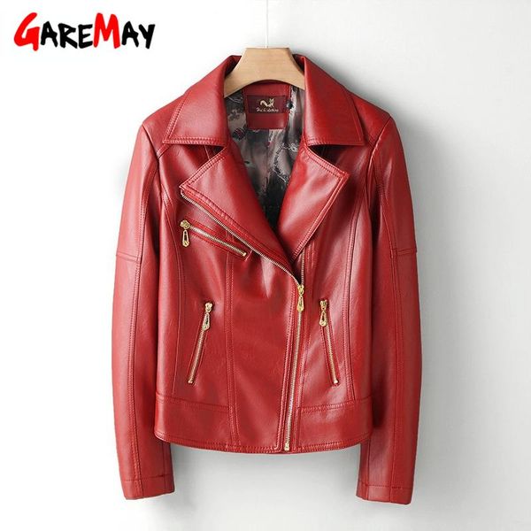 

women's leather & faux 2021 spring autumn jacket moto biker zipper asymmetric red pu imitation women coat oversize winter, Black
