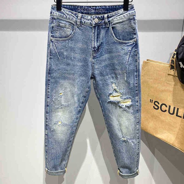

men's jeans jeans fashion men summer street style ripped hole blue denim slim fit washed mid-waist comfortable and soft 2ood