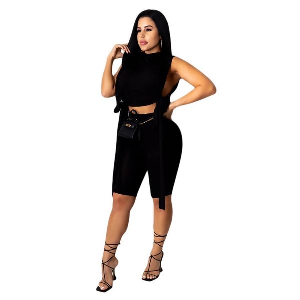 

2 piece women together neck without sleeves vest and knee length short pencil pants define new solid casual set of two pieces w8pf, Gray