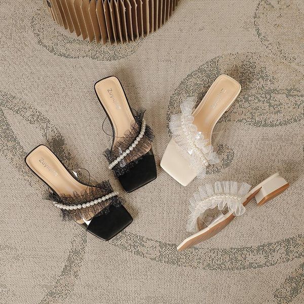 

slippers 2021 fairy large size female sandals and summer wear ins tide fashion pearl square head 41-43, Black