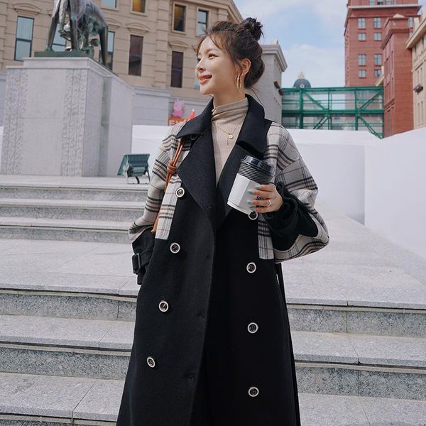 

women's wool & blends college style sleeves stitching black woolen coat mid-length autumn and winter thick casual