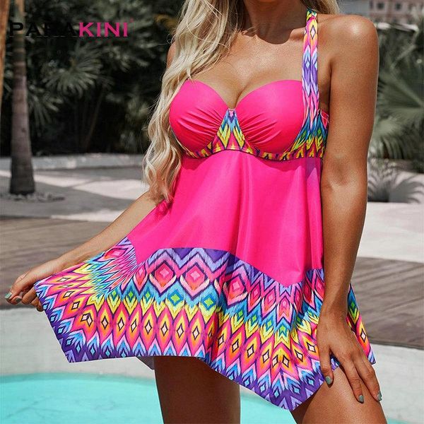 

parakini plus size women's swimsuit asymmetric hem geometric print swimwear rose pink swimdress& panty