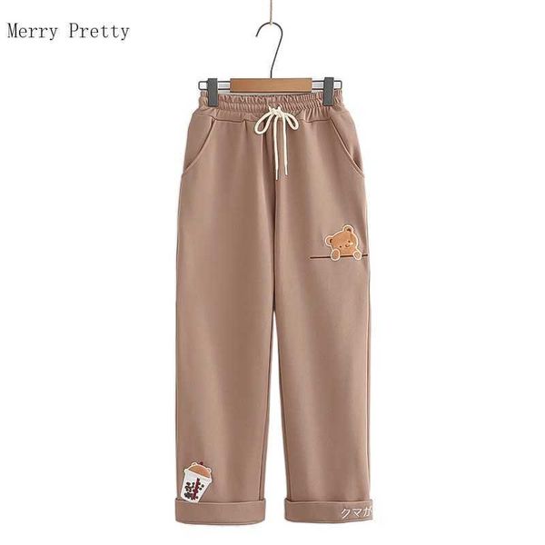 

khaki cartoon bear embroidery straight pants sweet style women trousers summer loose casual ladies pockets 210526, Black;white