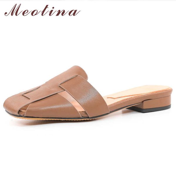 

meotina women slippers shoes natural genuine leather sandals med heel sandals square toe chunky heel lady footwear summer brown 210608, Black