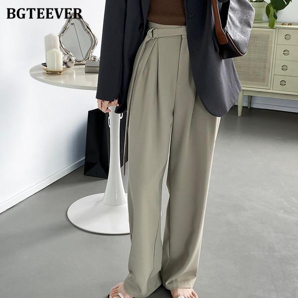 

women's pants & capris bgteever summer autumn belted high waist women solid suit elegant loose pockets ladies wide leg trousers pantalo, Black;white