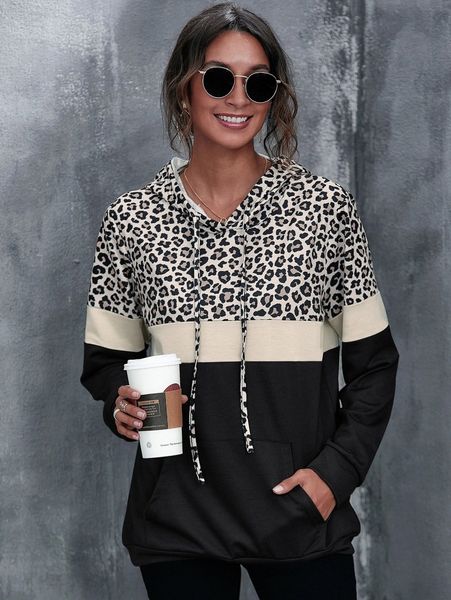 

kangaroo pocket leopard print color block hoodie w13v#, White;black