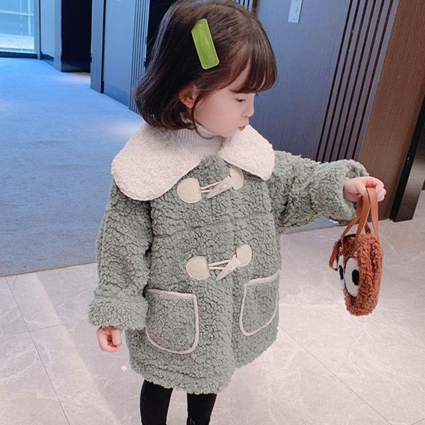 

jackets 2021 warm-keep outerwear girls' thickened cashmere coat turn-down collar winter coats medium length jacket horn buckle clothing, Blue;gray