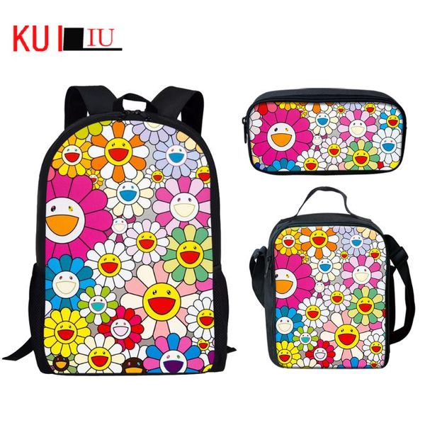 

backpack kuiliu 3cs/set school bags for kids cartoon sunflowers printing girls children lunch bag student satchel pen