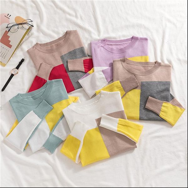 

korean loose women pullover sweater autumn winter plaid patchwork o neck jumper knit basic casual elastic sweater, White;black