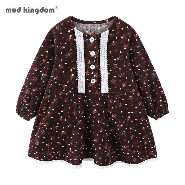 Mudkingdom Herbst Winter Kleinkind Mädchen Kleid Langarm Floral Prinzessin Kinder Cord Plissee Mode Baby 210615