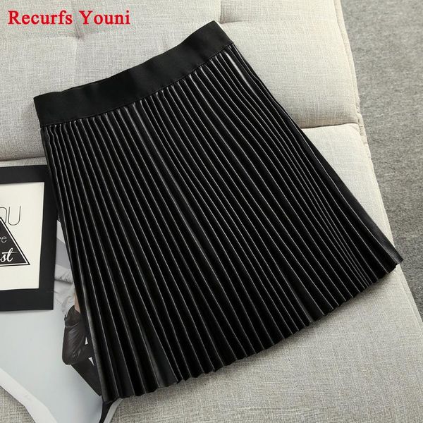 

skirts stylish clothes women genuine leather pleated skirt female retro black short saias frail a-line high waist elastic midi jupe