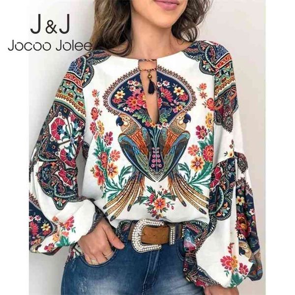 

jocoo jolee floral print lantern sleeve shirt boho blouse lace up tassel o neck women spring summer chic blouses 210730, White