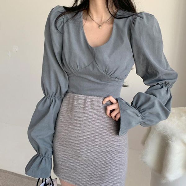 

women's blouses & shirts 2021 spring women vintage flare sleeve v-neck blouse office lady elegant lace up slim short shirt korean style, White