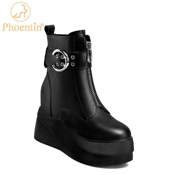 

boots phoentin black buckle women's winter comfortable front zipper wedge platform shoes genuine leather short boot ft1194