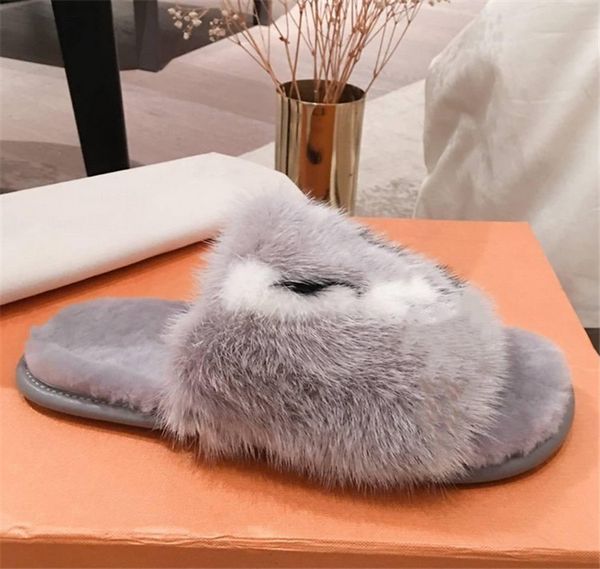 

lastest luxurious mink fur slippers ,soft flat open-toe slip-on mules with oversized initials, fashion lightweight homey flat mule , 35-42, Black