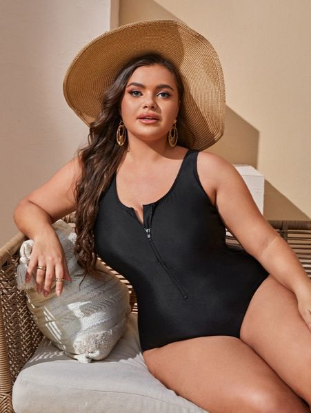 

plus solid zipper front one piece swimsuit q7xc#, Black