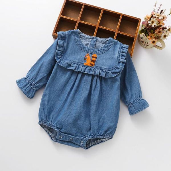 

jumpsuits born baby jumpsuit denim spring 2021 infant toddler romper ruffles cotton boys girls clothes animal long sleeve 0-2y, Blue