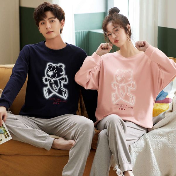 

spring couple pajamas women's long sleeve pants cotton korean cartoon men's home suit autumn and winter wear, Black;red