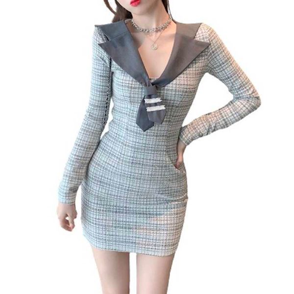 Belki de Seksi Mini Parti Elbise Üniforma Kravat Yaka V Yaka Pamuk Örme Katı Uzun Kollu Zarif Elbise D3021 210529