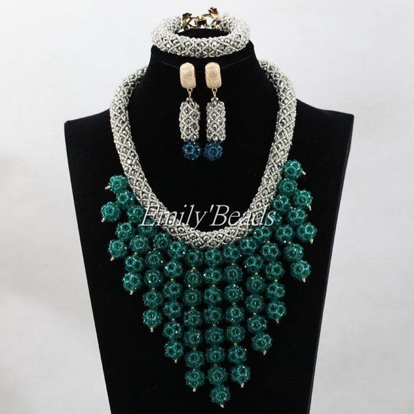 

earrings & necklace teal green african beads jewelry set costume nigerian wedding party crystal alj458, Silver