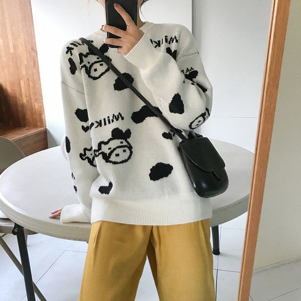 

2021 new women streetwear pullover sweater autumn winter long sleeve loose chic korean knitted female cute kawaii cartoon sweaters z6sd, White;black